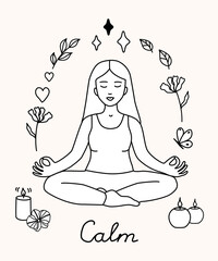 Vector line art of a woman meditating in lotus pose, surrounded by calming nature elements. Minimalist black and white doodle for wellness, mindfulness, or yoga-themed design.

