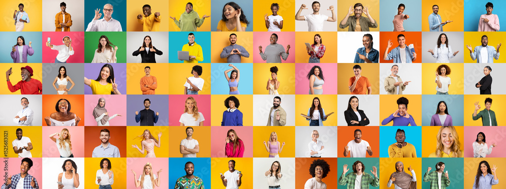 Poster This collection features a vibrant collage of diverse individuals from various backgrounds. Each person expresses different emotions, highlighting unity and diversity in a colorful setting.