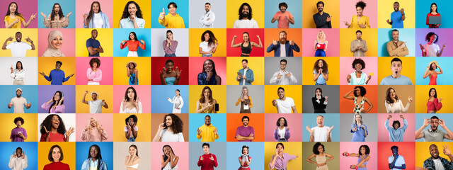 A vibrant collage features a diverse group of individuals presenting various expressions and poses. The collection highlights multiracial backgrounds against bright, colorful backdrops.