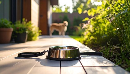 Fototapeta premium Dog bowl on patio, sunny day