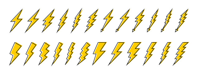 Set of lightning bolt icons. Collection of thunderstorm signs isolated on white background. Energy, power, flash light, dander or battery charge symbols. Vector graphic illustration.