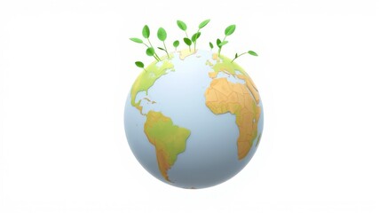 Fototapeta premium 3D eco globe with green sprouting leaves, icon representing sustainability and environmental conservation on white background