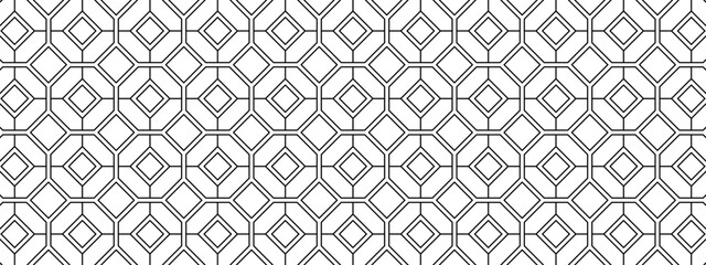 Tile floor or wall background with hexagon and square shapes. Ceramic mosaic texture. Cafe or restaurant interior ornament. Black and white geometric print. Vector graphic illustration.
