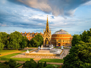 Aerial view of the Royal Albert Hall in London, surrounded by classic red-brick buildings, roads, and green trees