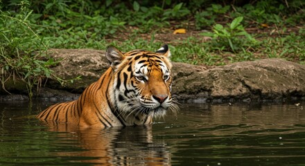 Fototapeta premium Majestic Tiger Swimming Gracefully in Serene Water Surrounded by Lush Jungle and Greenery
