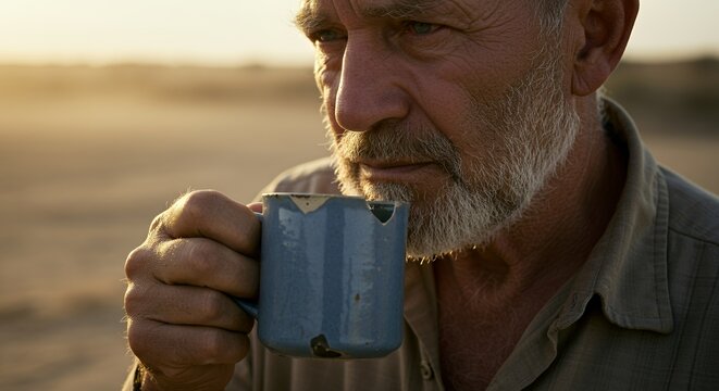 Golden Hour Reflection: A weathered man savors a moment of peace with a cup of coffee amidst the tranquil desert landscape at sunset.