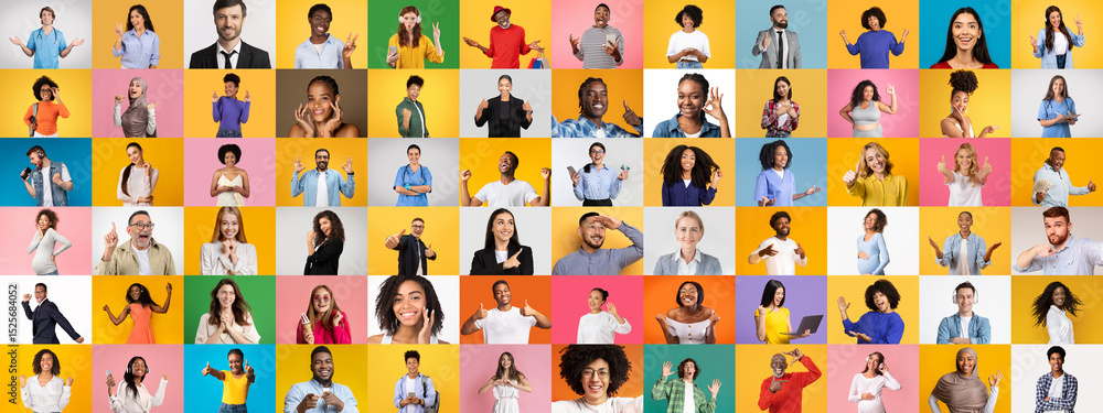 Poster a colorful collage showcases a variety of people with different backgrounds smiling and gesturing ag