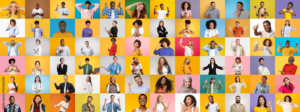 Poster this lively collage features a diverse collection of people exhibiting various expressions and gestu
