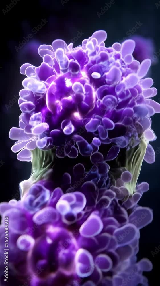 Poster detailed microscopic rendering showing clusters of purple cells attached to a cord-like structure wi