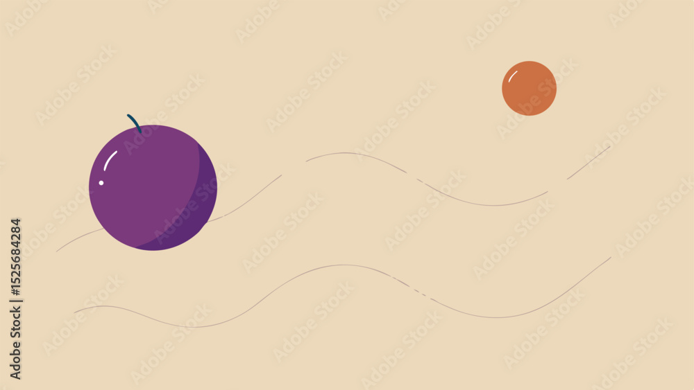 Poster abstract illustration with plum and sphere elements on transparent background