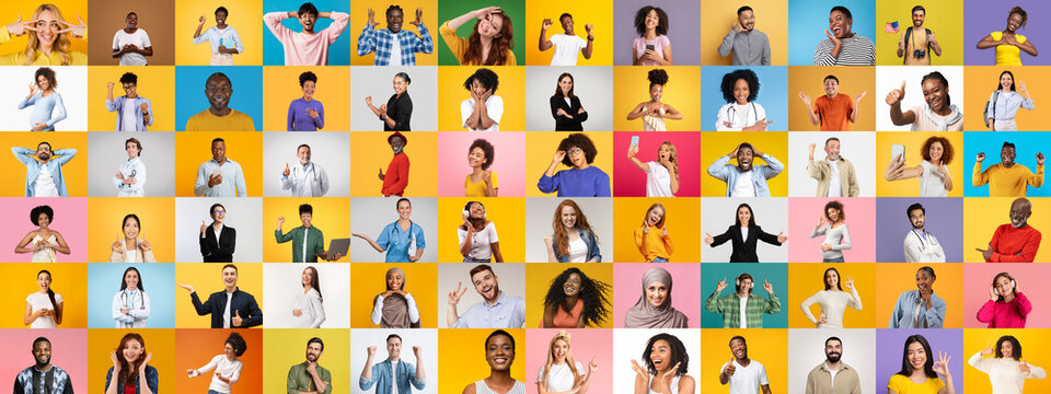 This lively collage features a diverse collection of people exhibiting various expressions and gestures. It captures the essence of multiethnic lifestyles against colorful backgrounds.