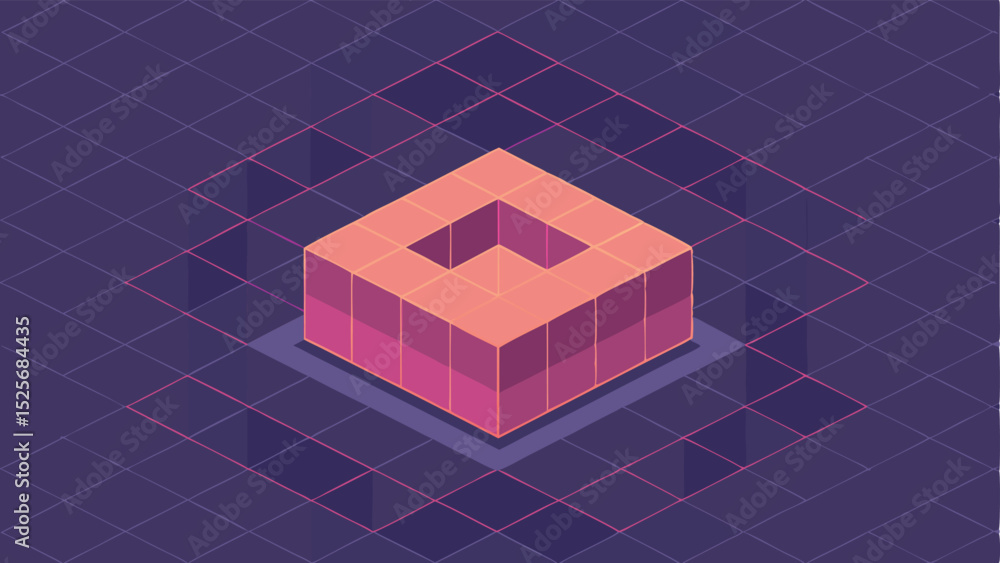 Poster abstract isometric cube with gradient colors on a grid background in perspective