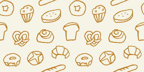Seamless bakery pattern with hand drawn pastries and bread illustrations