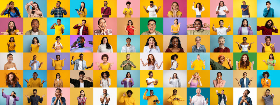 A vibrant collage featuring diverse individuals with joyful expressions against colorful backgrounds.