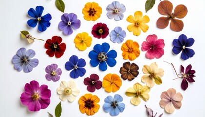 Pressed Flowers in Radial Composition on White Background