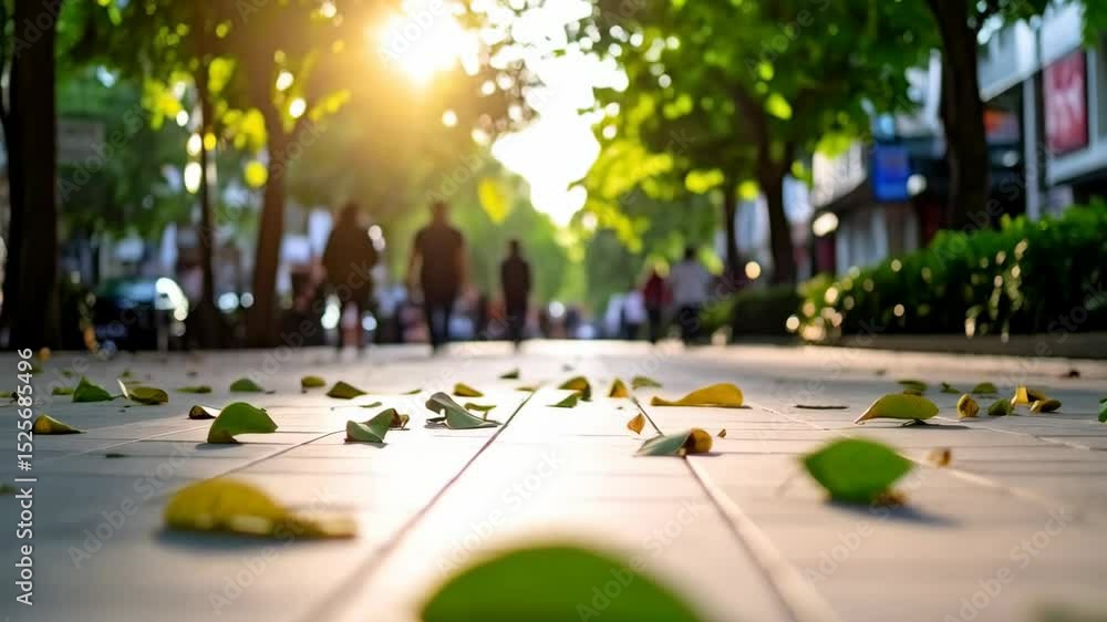 Poster sunlit walkway with fallen leaves and bokeh background, creating a sense of calm and transition in t