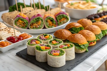 Elegant buffet setup with colorful appetizers, wraps, salads, and mini-burgers. Ideal for catering, weddings, corporate events, and festive gatherings. Perfect food presentation for stock use.