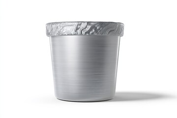Sealed silver container with a crimped foil lid, sitting on a white surface.