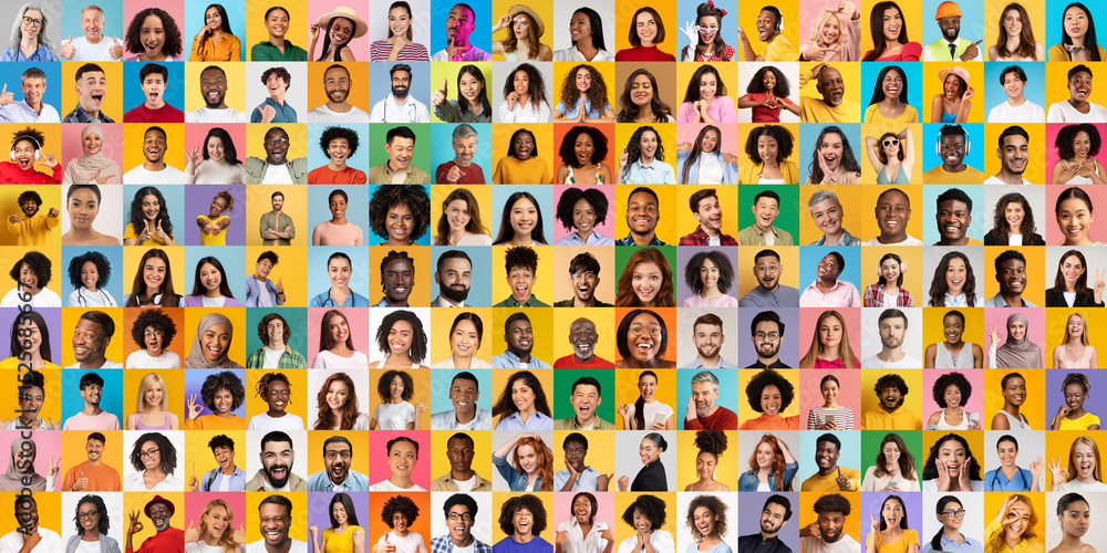 Poster A collection of diverse portraits features people from various backgrounds displaying their unique expressions. The lively colors create an energetic atmosphere celebrating unity.