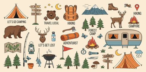 Camping and hiking colored elements. Outdoor adventure emblems. Tourist tent, forest, camp, trees and wild animals. For Camp badges, labels, banners, brochures. Doodle vector illustration