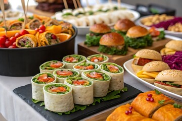 Elegant buffet setup with colorful appetizers, wraps, salads, and mini-burgers. Ideal for catering, weddings, corporate events, and festive gatherings. Perfect food presentation for stock use.