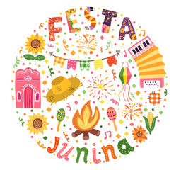 Festa Junina vector circle design, banner, poster with accordion, sunflower, straw hat and festive Brazilian illustrations