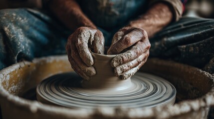 Hands shaping clay on pottery wheel. Artisan craft concept