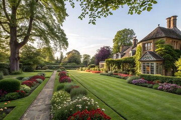 English garden with mowed lawn, blooming flowerbeds, leafy trees, and formal landscaping. Peaceful green parkland scene around house during summer in Britain. Vibrant and scenic.