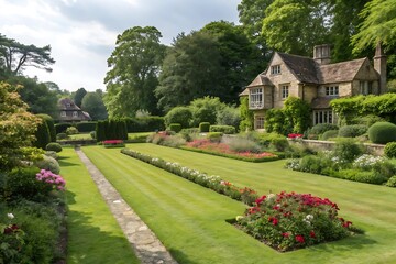 Fototapeta premium English garden with mowed lawn, blooming flowerbeds, leafy trees, and formal landscaping. Peaceful green parkland scene around house during summer in Britain. Vibrant and scenic.