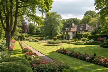 Fototapete English garden with mowed lawn, blooming flowerbeds, leafy trees, and formal landscaping. Peaceful green parkland scene around house during summer in Britain. Vibrant and scenic. © shahjalal
