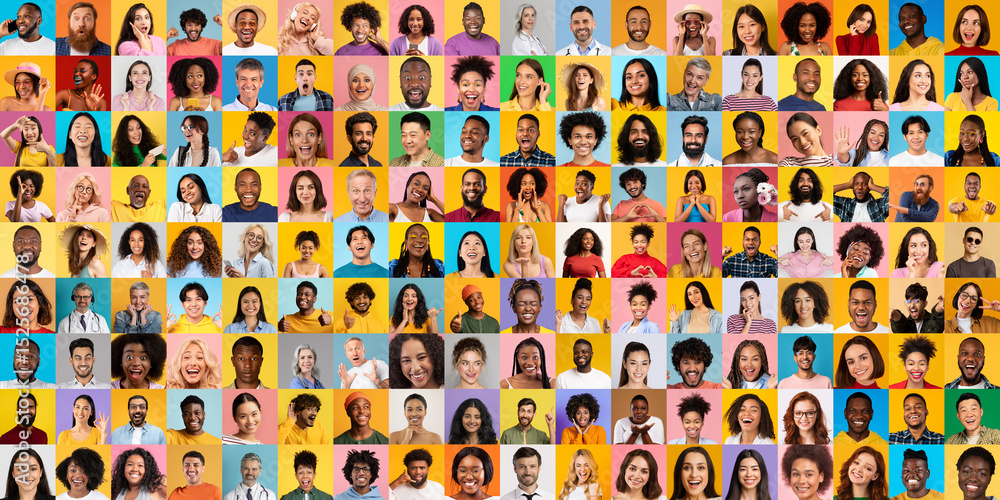 Poster A lively collage features diverse faces from various backgrounds, each expressing unique emotions in a colorful setting.