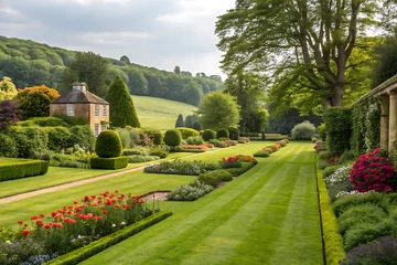 Fototapete English garden with mowed lawn, blooming flowerbeds, leafy trees, and formal landscaping. Peaceful green parkland scene around house during summer in Britain. Vibrant and scenic. © shahjalal