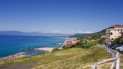 Breathtaking panoramic view of Tropea coastline, featuring crystal clear turquoise waters, lush...