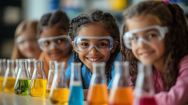 Enthusiastic young students participate in a colorful science experiment, wearing safety goggles