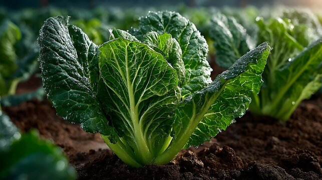 Lush Green Tatsoi Plants Thriving in Rich Soil Under Natural Sunlight