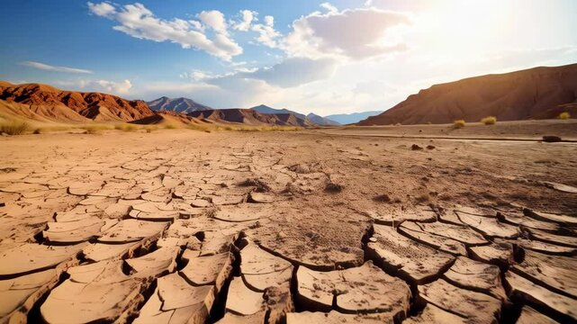 Cracked arid land with exposed soil in the desert with mountains under a blue and cloudy sky on a sunny day