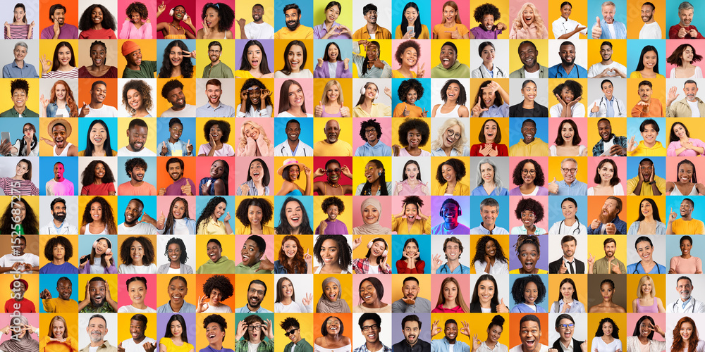 Poster a lively collection of portraits featuring people from various backgrounds, highlighting their uniqu