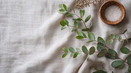 Green leaves and wooden bowl with salt on linen fabric background  