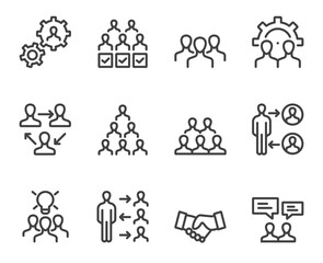 Teamwork cooperation business project start up icons isolated set. Vector flat graphic design illustration 