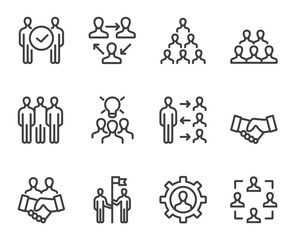 Teamwork cooperation business project start up icons isolated set. Vector flat graphic design illustration 