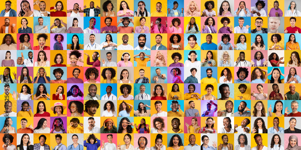 Poster A vibrant collection of portraits featuring a diverse group of individuals expressing a range of emotions. The multiethnic faces are set against colorful backgrounds, highlighting global unity.