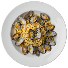 Fototapeta premium pasta with clams in a white dish on transparent background, traditional recipe of food