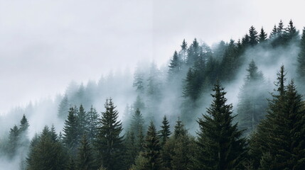 Misty forest landscape with evergreen trees under cloudy sky  