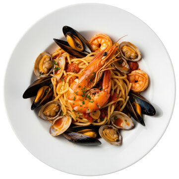spaghetti allo scoglio with seafood pasta in a white dish on transparent background, traditional recipe of food