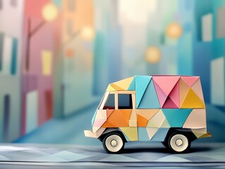 A colorful paper model of a food truck against a soft, blurred city background.