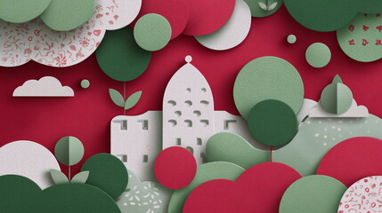 Colorful paper landscape with abstract trees and clouds on red background  