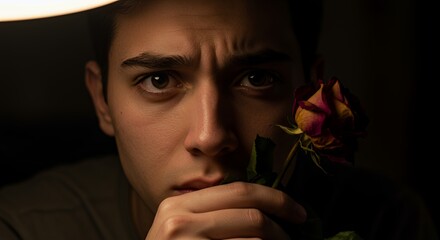 Melancholy Portrait: A Young Man and a Wilted Rose
