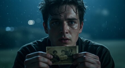 The Night's Secret: A Man Holds a Photo in the Rain