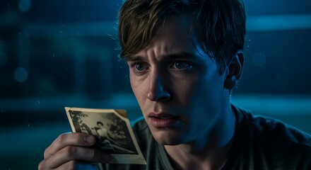A Young Man's Worried Gaze at an Old Photograph
