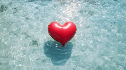 Red heart balloon floating in crystal clear turquoise water on a sunny day